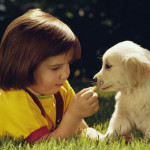 Девочка играет со щенком